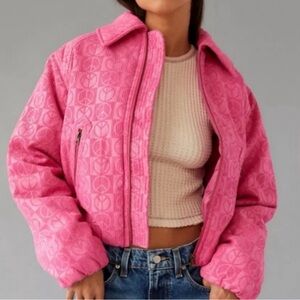 Urban Outfitters Pink Peace Sign Corduroy Cropped Puffer Jacket Women’s Small